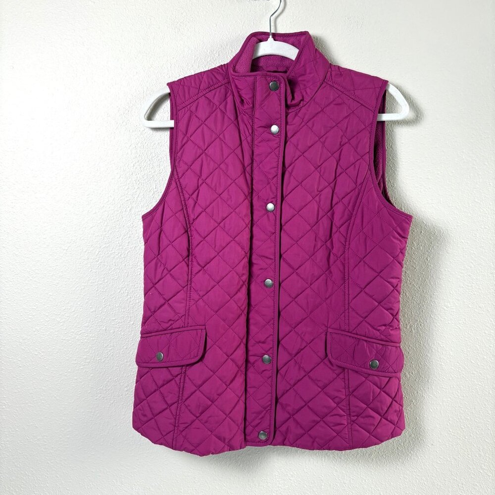 Talbots Quilted Vest Women Small Purple Fleece Lined Pockets Zip Snap Cozy